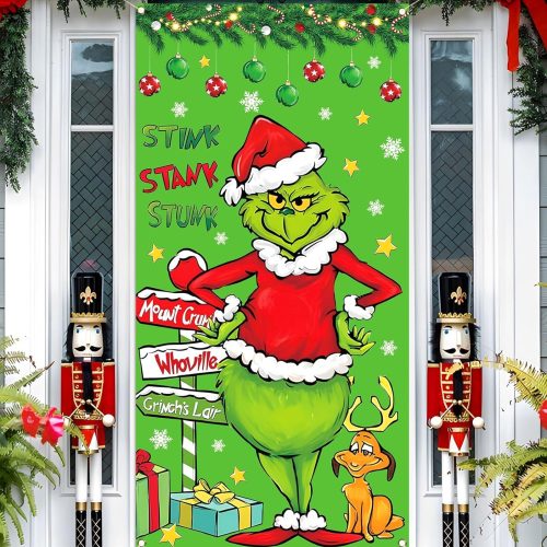 1 Vohado Green Christmas Door Cover Welcome Birthday Party Decorations Winter Holiday Front Porch Banner for Indoor Outdoor Home Decor