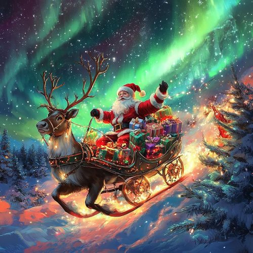 1 Santa Claus Diamond Art Kits for Adults,Full Round Drill Dot Christmas Diamond Painting Kits for Beginners Reindeer,DIY Gem Art and Craft Paint by Diamonds Winter Aurora,Home Wall Decor 13.7X13.7Inch