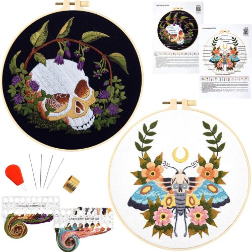 1 Gothic Skull Embroidery Starter Kits for Beginners Adults, Halloween Stamped Cross Stitch Kit for Beginners Adults, Flowers Hand Embroidery Needlepoint Kit, 2 Embroidery Hoop (Attached Video Tutorial)