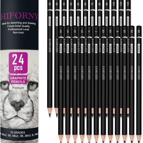 1 HIFORNY 24-Piece Graphite Sketching Pencil Set - 14B-5H, Ideal for Beginners & Artists