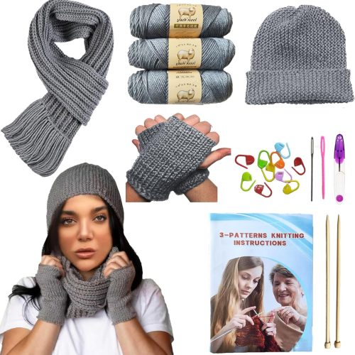 1 Kaaper Knitting Kit for Beginners Adults, Crochet Kit for Beginners Knitting Starter Kit Kids, Learn to Knit Starter Bundle for Scarves, Hats & Gloves Includes Wool Yarn, Needles & Accessories (Gray)