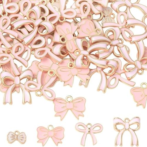 1 SUNNYCLUE 1 Box 4 Style 40-80Pcs Romantic Charm Enamel Flat Bowknot Charms Pink Bow Pendants Bulk for Women Jewelry Making Earrings Necklace Bracelets