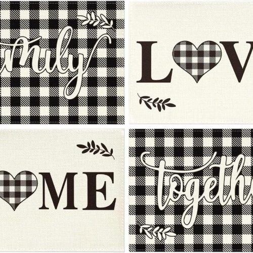 1 Artoid Mode Love Family Together Home Buffalo Plaid Placemats for Dining Table, 12 x 18 Inch Holiday Vintage Thanksgiving Washable Table Mat Set of 4