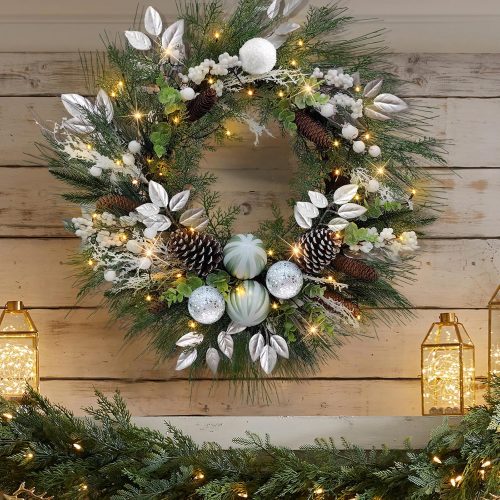 1 28’’ Pre-Lit Artificial Christmas Wreath, Battery Operated 35 LED Lights with Faux Greenery, Pine Cones, Berries for Front Door, Xmas Wreath for Holiday Christmas Home Decorations