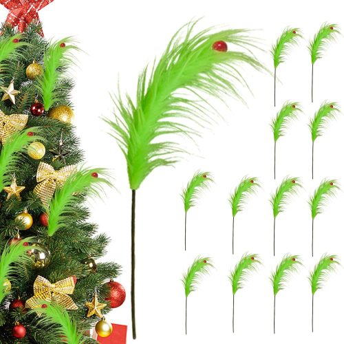 1 12 Pcs Christmas Tree Topper, 17 Inch Grinchmas Christmas Decorations Red Green Elf Tree Ornaments for Christmas Picks Furry Cute Funny Xmas Decor