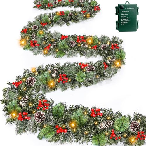 1 Super Long & Timer 8 Modes - 18 Ft by 10 Inch Prelit Outdoor Christmas Garland for Stair Porch Front Door Mantle, Battery Operated 100 Warm Lights Thick 460 Branch 15 Pinecone 165 Berry Cedar Garland