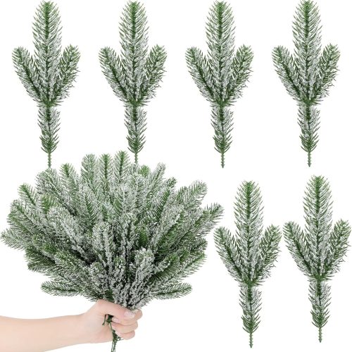1 30 Pcs Christmas Snow Frosted Pine Branches 10'' Artificial Faux Fake Christmas Picks and Sprays White Tree Filler Branches Flocked Pine Needles Sprigs Stem for Wreath Garland Decorations Craft