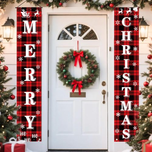 1 LOKIPA Christmas Decorations, Red Black Buffalo Plaid Christmas Banners Front Porch Sign Set Hanging Xmas Decorations for Home Xmas Decor Outdoor Indoor Front Door Yard Garage
