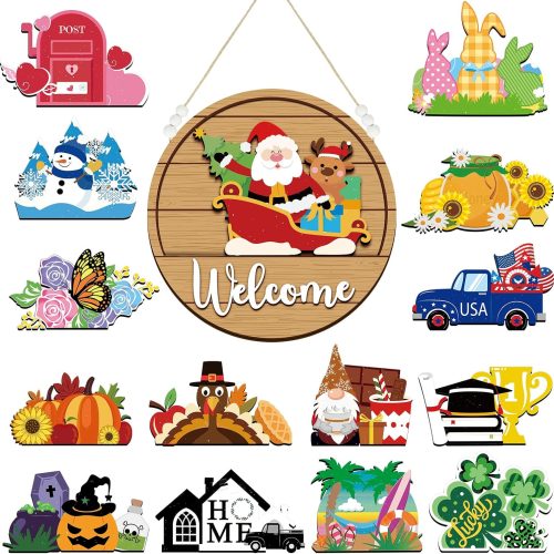 1 Sintuff 16 Pcs Interchangeable Seasonal Welcome Sign Interchangeable Front Door Decor Farmhouse Rustic Outdoor Welcome Signs for Thanksgiving Christmas Winter Season Holiday(White Word, Wood Back)