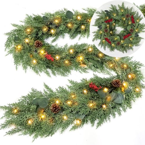 1 Extra Thick & Lush - Prelit Christmas Garland with 30 Lights Timer, 6Ft by 12 Inch Real Touch Cedar Garland with Berry Pinecone, Battery Operated Realistic Soft 130 Tips Xmas Garlands Indoor Outdoor