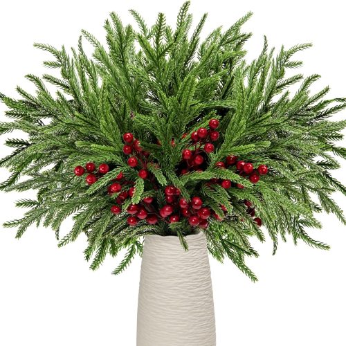 1 Norfolk Pine Branches Red Berry Stems 17" Artificial Christmas Greenery Picks Fake Pine Needles with Holly Berries for Xmas Tree Filler Decorations Festival Holiday Vase DIY Garland Craft (8, Green)
