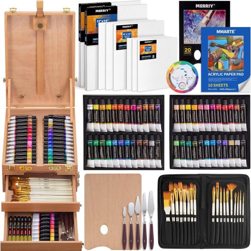1 MERRIY 80-Piece Acrylic Paint Set, Artist Painting Supplies Kit with Tabletop Sketch Box Easel, 48 Colors Acrylic Paints,11"x 14"Stretched Canvas &More, Premium Acrylic Painting Set for Adults