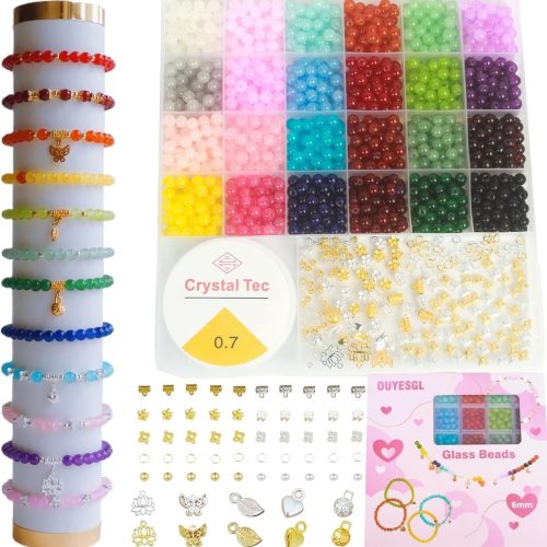 1 OUYESGL Glass Beads Bracelet Making Kit, 1400 Pcs 6mm Glass Beads, 24 Colors Crystal Beads for Jewelry Making Kit, Friendship Bracelet Beads DIY Crafts