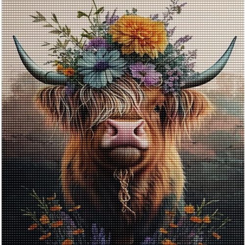 1 Treff Diamond Painting Set Flower Highland Cow5D Beginner Diamond Art Set, DIY Painting with Round Full Diamond, Home Wall Decoration Jewel Art Gift 12x18 inches