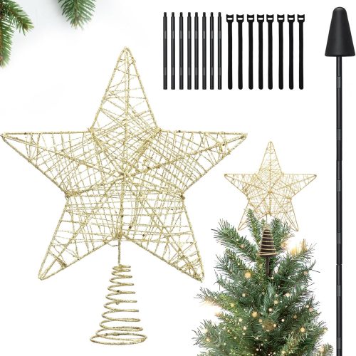 1 Christmas Tree Topper, 9 Inch Star Tree Topper with Holder, Gold Xmas Glitter Hollow Star Treetop Toppers Christmas Tree Decorations Ornaments for Holiday Ornament or Home Decor