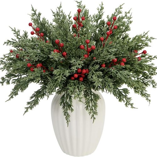 1 40 Pcs Artificial Pine Branches with Red Berry Picks 11" Winter Christmas Greenery Fake Juniper Leaves Norfolk Pine Stems Needles for DIY Craft Wreath Garland Vase Filler Home Decoration (40, Green)