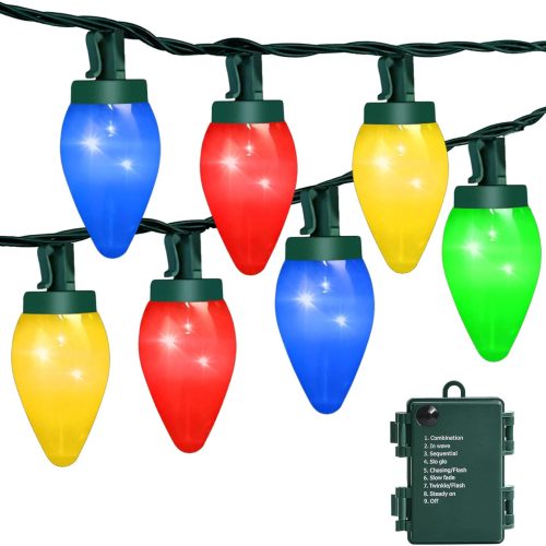 1 C7 60 LED Battery Operated Christmas Lights,Battery Powered Multicolor Waterproof Bulbs,21.3 FT 8 Modes with Auto On/Off Time for Xmas Tree Garden Patio Indoor Outdoor Christmas Decorations