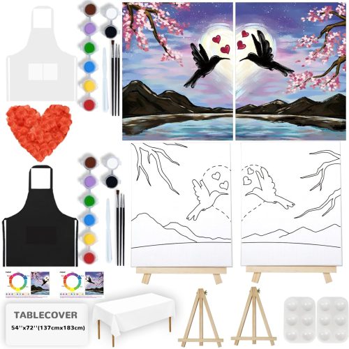 1 2 Pack Sip and Paint Kit for Adults Couples Painting Kit Pre Drawn Canvas to Paint Valentines Day at Home Date Night Party Favor Supplies Couples Activity Lovebirds 8x10 Canvas Painting Kit