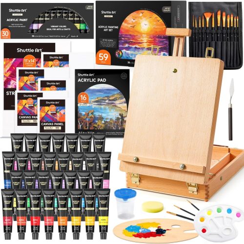 1 Shuttle Art Acrylic Painting Set, 59 Pack Professional Painting Supplies with Wood Tabletop Easel, 30 Colors Acrylic Paint, Canvas, Brushes, Palette, Complete Painting Kit for Kids, Adults, Artists