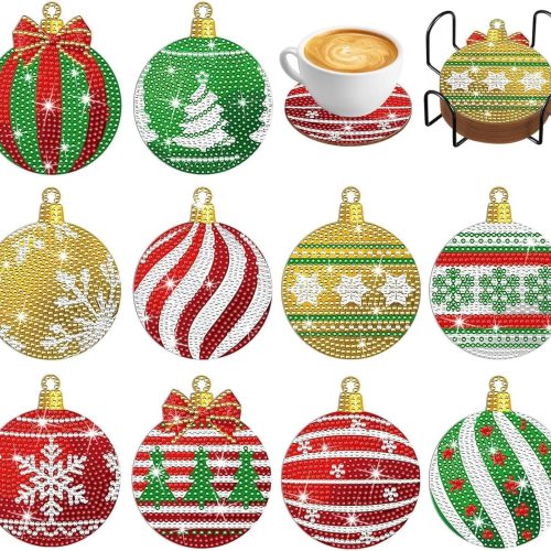 1 Hoxxu 10pcs Christmas Diamond Art Coasters Kit, 5D Christmas Diamond Painting Kits with Stand, Ideal for Cups, Wine Glasses, Perfect for Holiday Decor Table Setting
