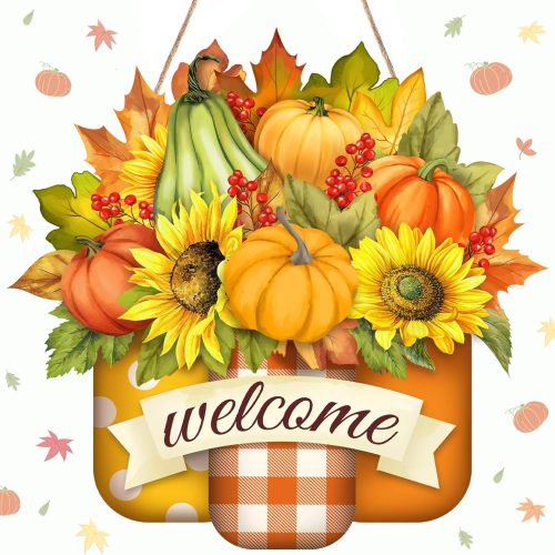 1 Pumpkin Welcome Door Sign Decor Hello Fall Door Sign Autumn Hanging Sign Wooden Fall Hanging Sign Rustic Fall Wreaths Plaque Door Hanger for Outdoor Porch Home 12 Inch