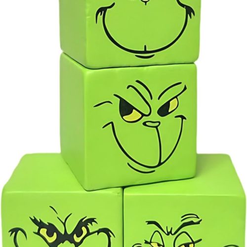 1 Christmas Wooden Table Sign - 4 Pieces Green Face Wooden Blocks Xmas Centerpieces for Table - Christmas Tiered Tray Decor for Home Xmas Decorations Indoor