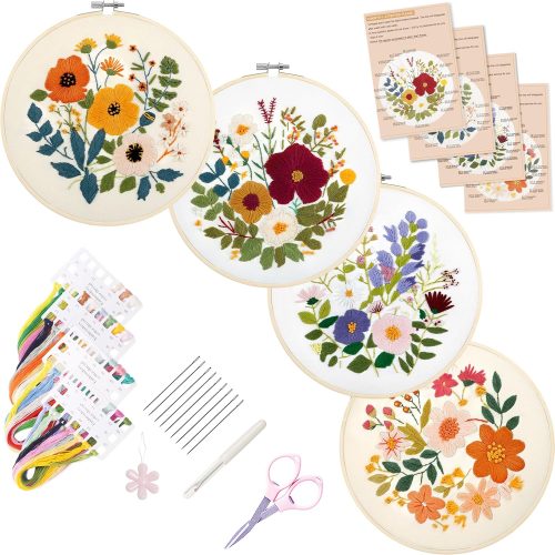 1 Bonroy Embroidery Kit for Beginners with Instructions,Cross Stitch Kits for Adults with Pattern,Needlepoint Kits for Adult Include Embroidery Cloth Hoops Needles Threads (flowers2)