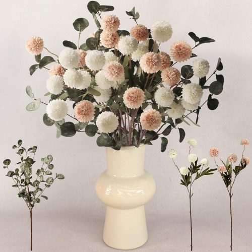 1 7Pcs Beige White Faux Kiku Flower 25 Heads+18 Eucalyptus, Long Stem Pom Pom Fake Mums Artificial Flowers for Vase Silk Chrysanthemum for Centerpiece Bouquet Floral Arrangement Tan Nude Neutral Cream