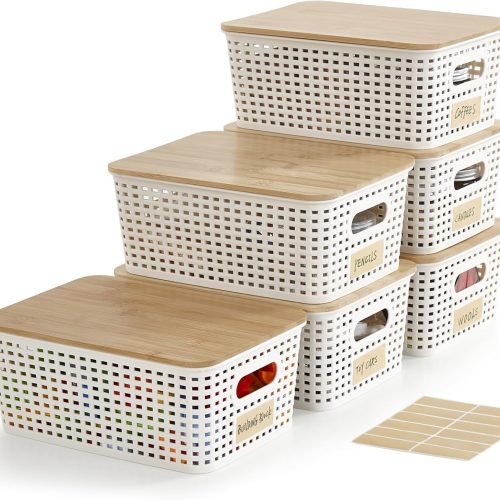 1 Small Plastic Storage Bins with Bamboo Lids 5.2qt Stackable Box Basket Pantry Decorative Containers Cute with Lable for Organizing Desktop Closet Office Cream White of 6 packs 10*7.2*4.1'’