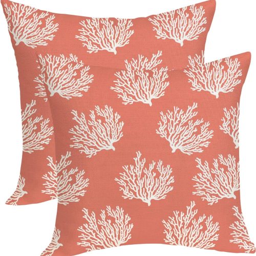 1 Summer Coastal Pillow Covers 18x18 Pack of 2 Ocean Themed Coral Throw Pillow Covers Outdoor Decoration,Beachy Nautical Decor Pillowcase Square Linen Decorative Cushion Case for Home Sofa Couch