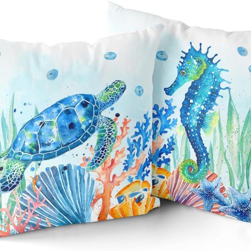 1 Coastal Ocean Pillow Covers Set of 2-18"x18" Sea Turtles Seahorse Decorative Throw Pillow Cases- Watercolor Marine Animals Double Sided Square Cushion Covers for Sofa Couch Bed Car