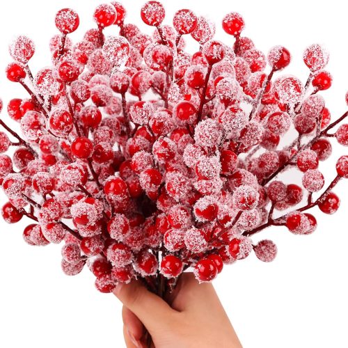 1 Snow Frosted Artificial Red Berry Stems,24 Pack Christmas Berry Spray Picks Holly Berries Branches for Christmas Tree DIY Craft Home Decoration