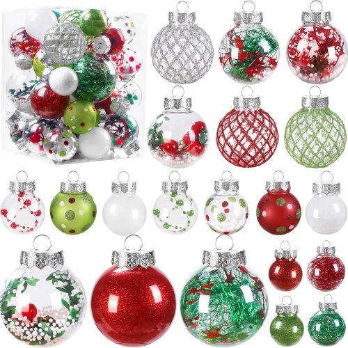 1 30Pcs Clear Christmas Tree Ball Ornaments Set, Multi-Size Plastic Balls Red Green White Colorful Variety Shatterproof Ornaments with Hanging Loops for Xmas Tree Decoration Home Holiday Party
