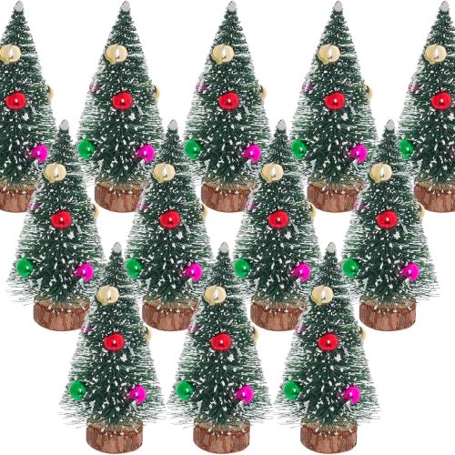 1 12Pcs Mini Christmas Trees Bottle Brush Trees Small Sisal Trees Mini Pine Trees with Wood Base Small Bottle Brush Trees for Christmas Winter Decoration (Green)