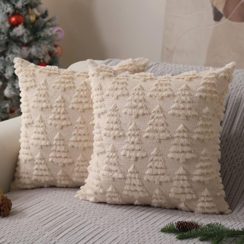 1 Christmas Pillow Covers 18 x 18 Set of 2 Xmas Decorations Beige Christmas Tree Pillow Cases Plush Faux Fur Soft Cushion Case for Winter Xmas Holiday Home Bedroom Sofa Decors SY-003-C18