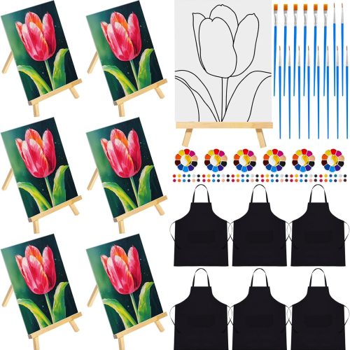 1 6 Set Pre Drawn Canvas for Painting for Adults Sip and Paint Kit with Easels 8 x 10 Inches Paint Party Kit with Printed Canvas Paints Brushes Palette Apron(Tulip)