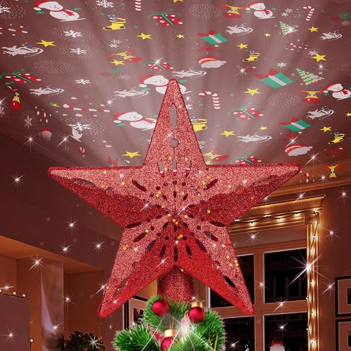 1 Christmas Tree Topper Lighted with 6 Projected Patterns -Christmas Star Tree Topper Built-Led Rotating Lights -3D Glitter Dynamic Projector for Indoor Xmas New Year Holiday Party Decorations