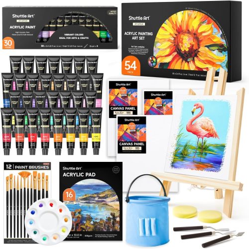 1 54 Pack Acrylic Paint Set, Acrylic Painting Set with 30 Colors Acrylic Paint, Wooden Easel, Painting Canvas, Paint Brushes, Palette, Art Painting Supplies for Kids Adults Beginner Artists