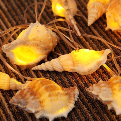 1 Ocean Real Conch 10 LED String Lights 9.0Ft Waterproof Battery Operated Warm White with Timer for Beach Themed Indoor Covered Outdoor Birthday Wedding Parties Decoration