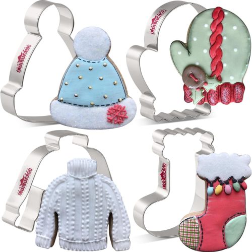 1 Winter Holiday Christmas Cookie Cutter Set - 4 Piece - Ugly Sweater, Stocking, Hat and Mitten Fondant Biscuit Cutters - Stainless Steel