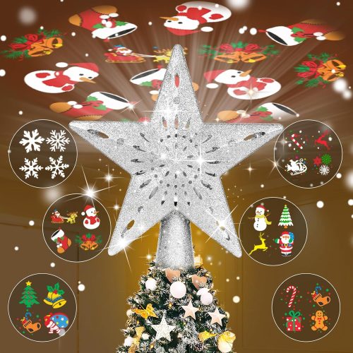 1 Christmas Tree Toppers Lighted with 6 Projection Modes, Christmas Star Tree Topper with Built-in LED Rotating Lights, Silver 3D Glitter Projection for Xmas Party Holiday Decorations