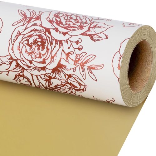 1 Reversible Floral Wrapping Paper Roll, 17Inch x 33 Feet (46.7 Sq. Ft) – Double-Sided Rose Gold Foil Design for Wedding, Mother’s Day, Bridal Shower & Birthday
