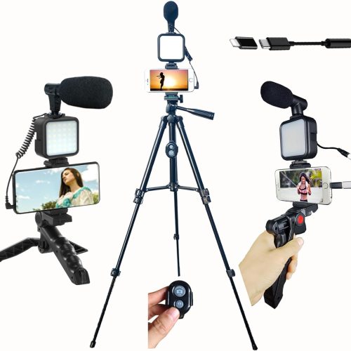 1 Vlogging Kit for iPhone, Vlogging kit for Android Phone,YouTube Starter Kit with Two Tripods Light Microphone Remote and Jack Adapter