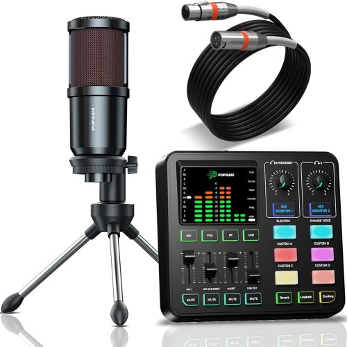 1 Podcast Equipment Bundle, PUPGSIS Audio Mixer with XLR Dynamic Microphone, Pro-preamp, Bluetooth 5.3, All-in-One Gaming Equipment Set for Podcast Recording, Live Streaming, Video Vocals, PC, Phone, DJ