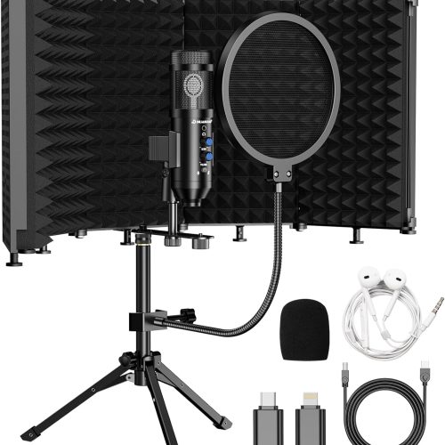 1 Upgraded Studio Recording Microphone with Isolation Shield & Pop Filter - Music Condenser Mic for Podcasting, Singing, Home Studio - Sound for PC, Laptop, Smartphone