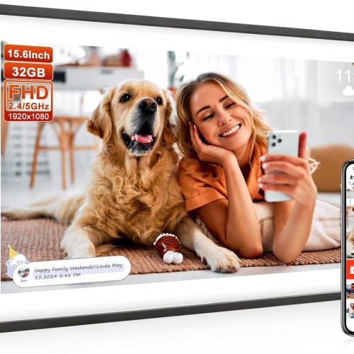 1 Frameo 15.6 Inch Large Digital Photo Frame, Digital Picture Frame WiFi with 32GB, 1920 * 1080 IPS HD Touch Screen, Electronic Picture Frame IPS Touch Screen with Auto-Rotate, Frameo Digital Frame Wifi
