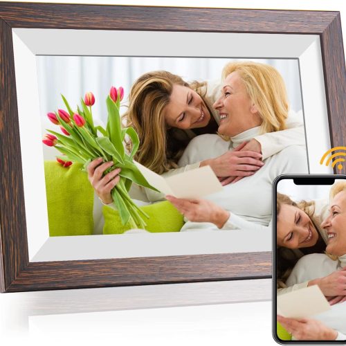 1 Frameo-Digital-Picture Frame 10.1 Inch Electronic-Digital Photo Frame with IPS Touch Screen HD Display, Smart WiFi Photos or Videos Farme via Free Frameo APP (Brown Wood Frame)