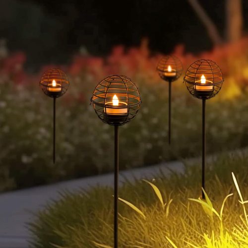 1 Solar Pathway Lights Outdoor, Rust Iron Ball Candle Holder Stake with Flickering Solar Powered Tea Lights, Perfect Decorative Garden Lighting for Yard Lawn Patio Landscape Decor Outside-4Pack