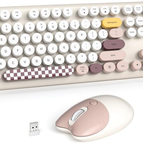 1 Wireless Keyboard and Mouse Combo for Windows, MOWUX 2.4G Full-Sized External Cordless Computer Keyboard, Compact Mouse, 8 Multimedia and Shortcut Keys, for PC, Laptop - Off White Colorful