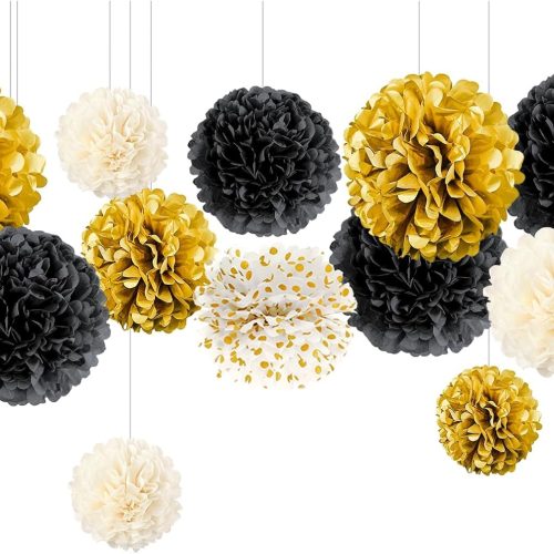 1 NICROLANDEE Black and Gold Party Supplies for 2025 Graduation - 12PCS Metallic Foil Paper Lanterns Decorative for Graduation, Wedding, Birthday, Baby Shower, Retirement Party, New Years Eve Party